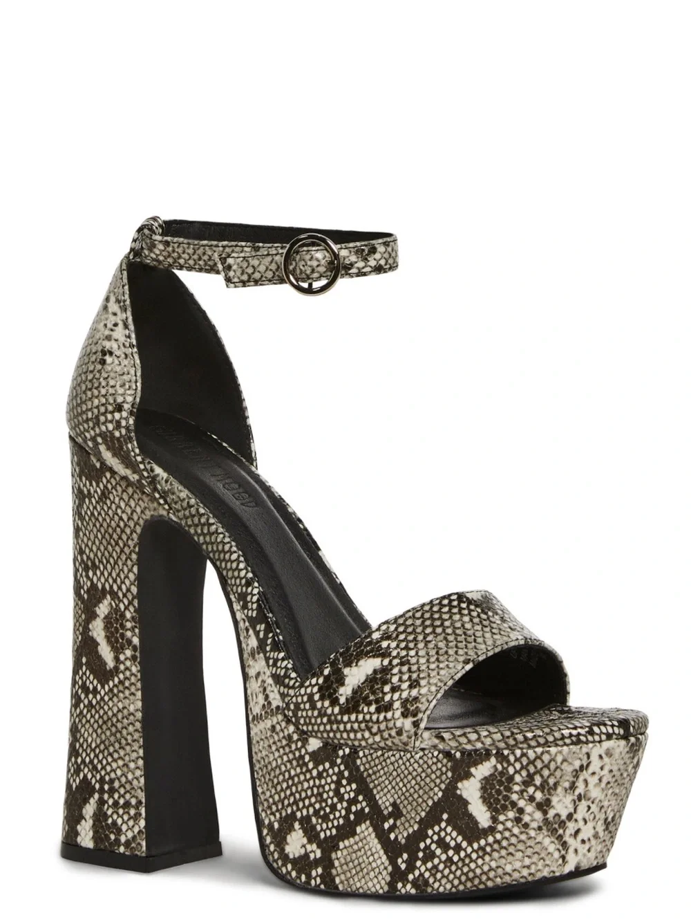 Dolls Kill Snake-Print High Platform Ankle Strap Heels - Black/Beige
